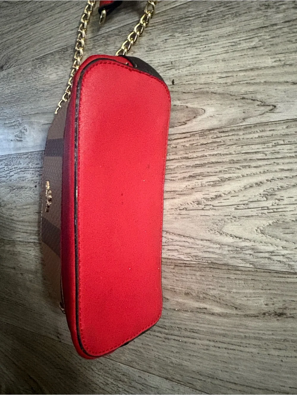 Striped Red and Tan Crossbody Camera Bag with Gold Bee Accent